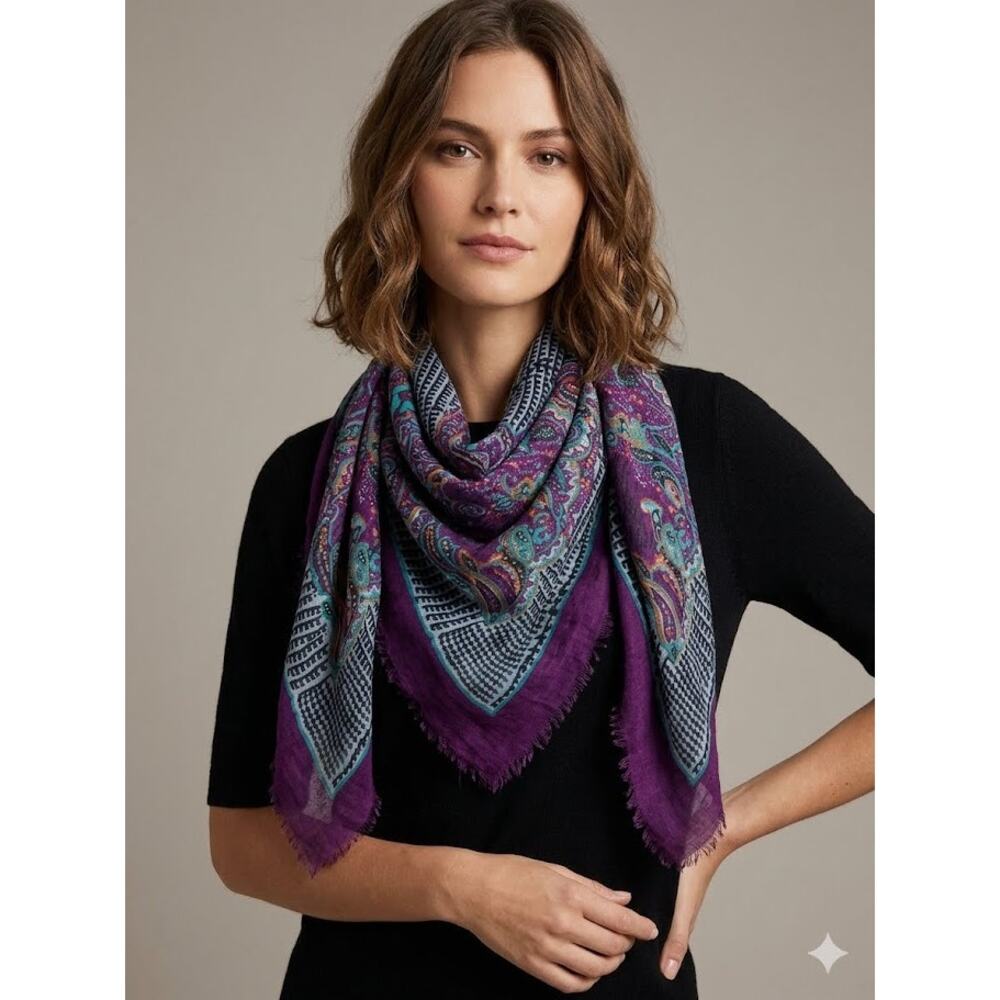 Ray Strauss Italian Square Paisley Print Scarf Purple Fringe Light Boho Wrap